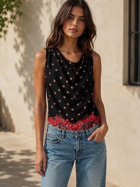 Free People Silas Cowl Neck Top Sleeveless Black Red Floral Open Tie Back M